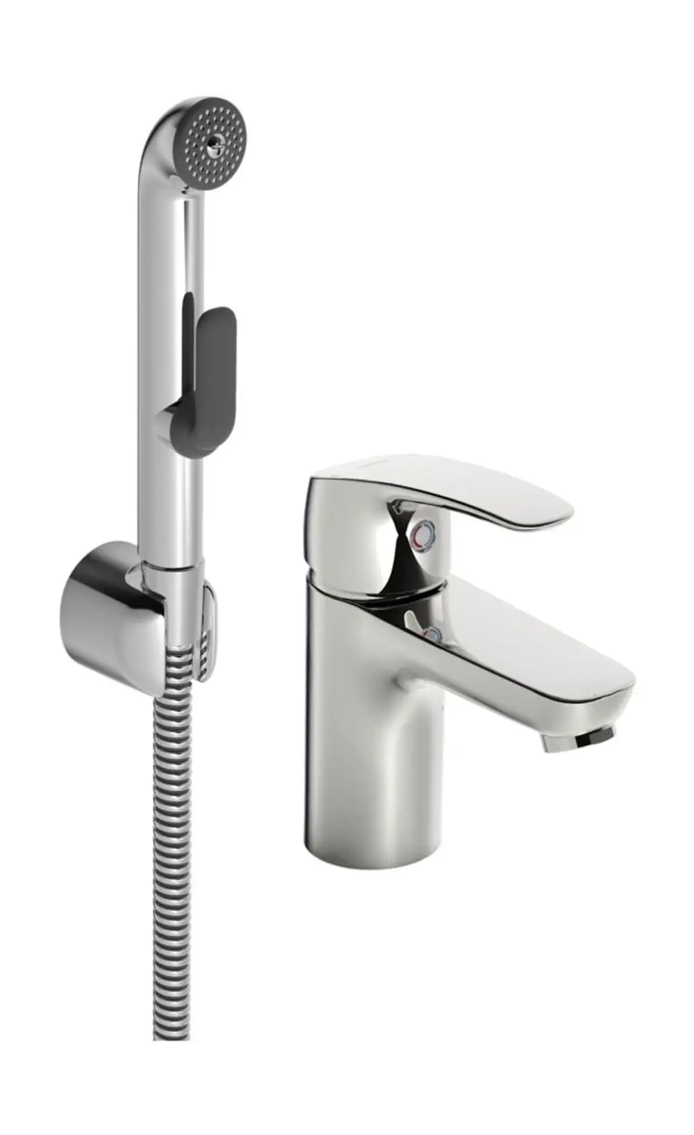 Chromfarbener Einhebelmischer für das Waschbecken von HANSA, links ist ein Handbrausekopf mit Schlauch sichtbar, rechts der Bedienhebel des Mischers.